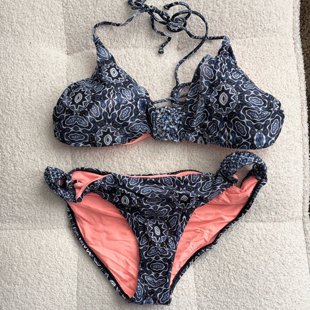 Blue Patterned Halter Bikini with Coral Lining-NEVER WORN